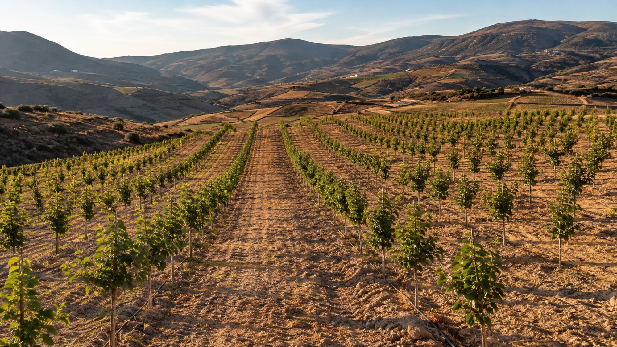 Plantação jovem em encosta do Douro Superior ao fim da tarde