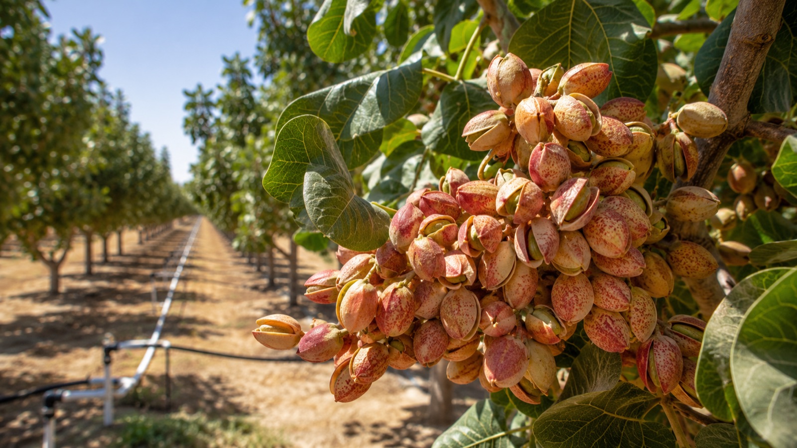 Cachos de pistácio maduros num pomar com rega gota-a-gota