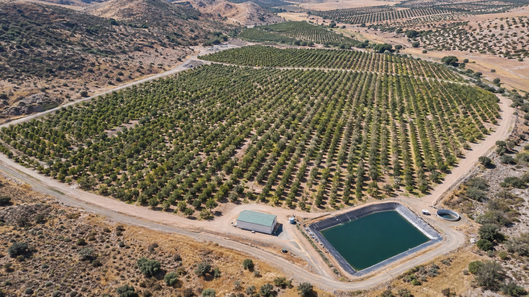 Vista aérea de pomar com reservatório de água e armazém